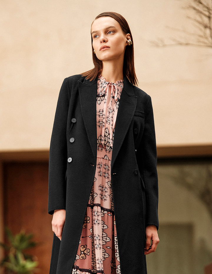 MARYLING Notched Lapel Structured Shoulder H-Line Double-Breasted Black Long Cashmere Coat