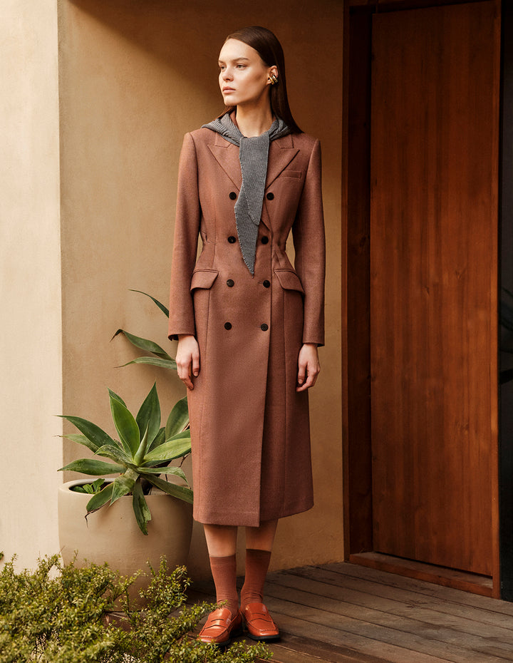 MARYLING Taupe Peak Lapel Double-Breasted Long Wool Coat