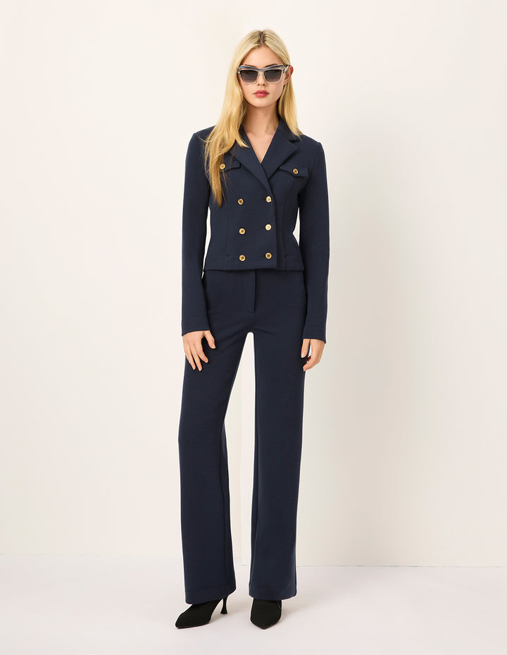 MARYLING Peaked Lapel Double-Breasted Navy Knit Short Jacket