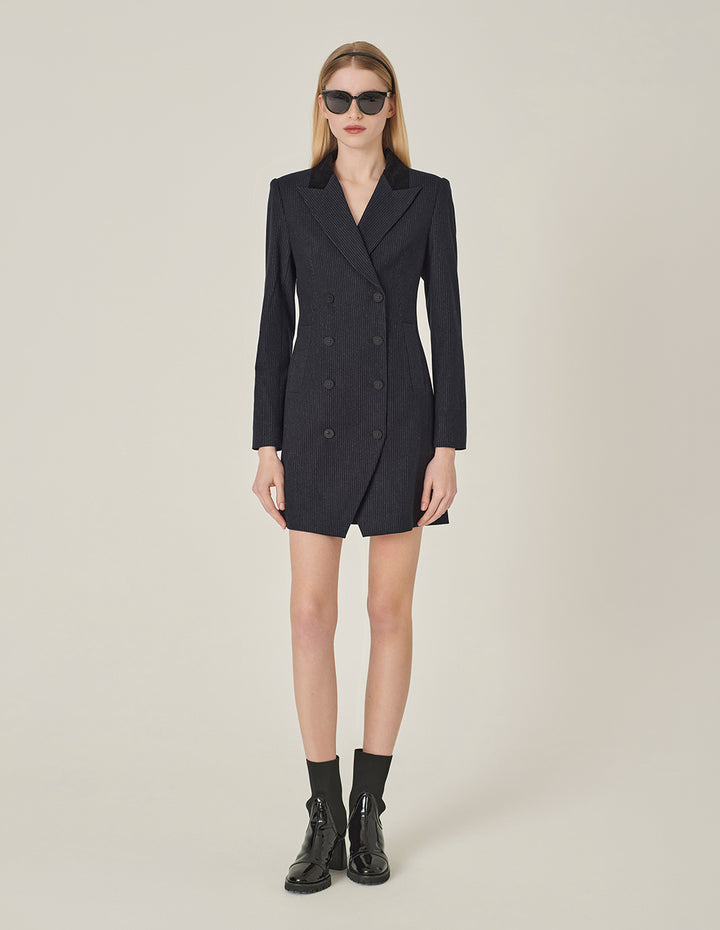 MARYLING Navy Striped Double-Breasted Long Trench Blazer