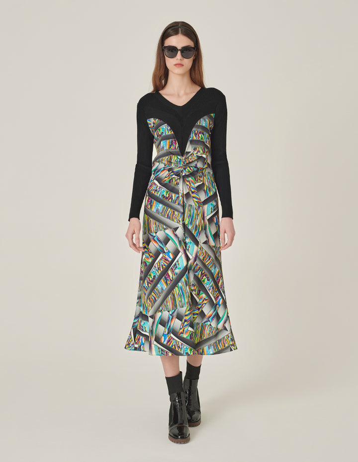 MARYLING Round-Neck Long-Sleeve Empired Knitted Printed Midi Dress