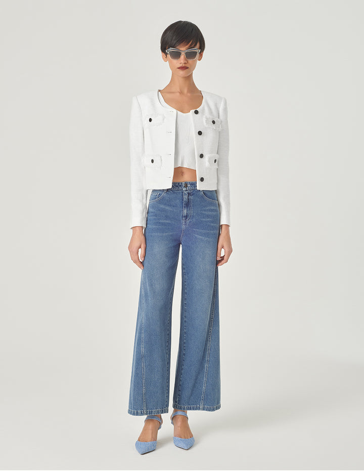 MARYLING White U-Shaped Collar Box Silhouette Short Jacket