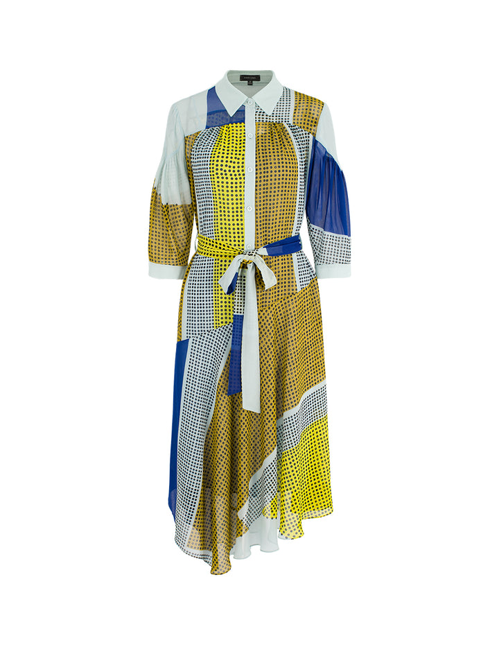 MARYLING Lapel Long Sleeve Colorful Block Print Irregular Hem Shirt Dress