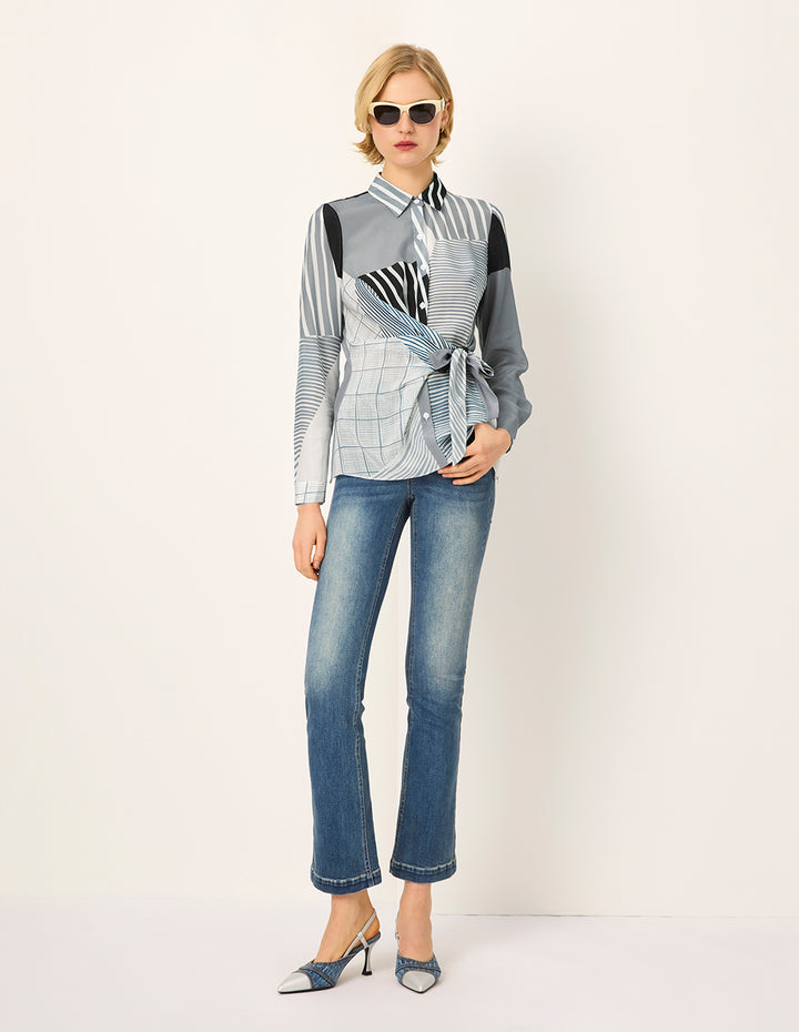 MARYLING Lapel Long-Sleeve Striped Print Silk Blouse