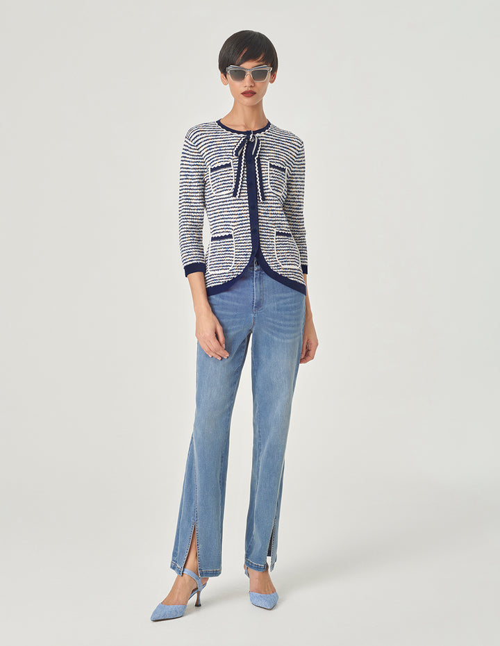 MARYLING Blue And White Striped Ribbons Knitted Cardigan