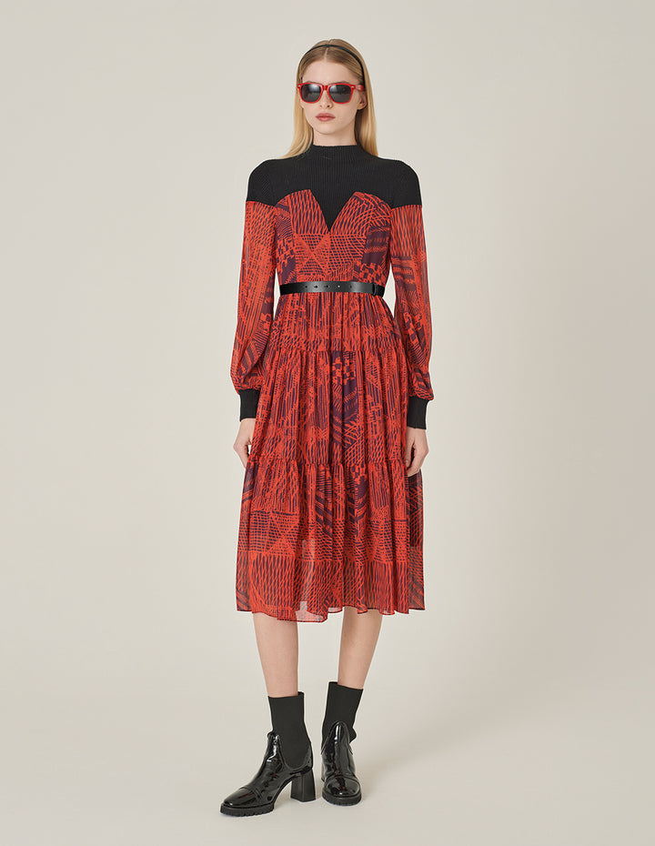 MARYLING Patchwork Knit Print Midi Dress