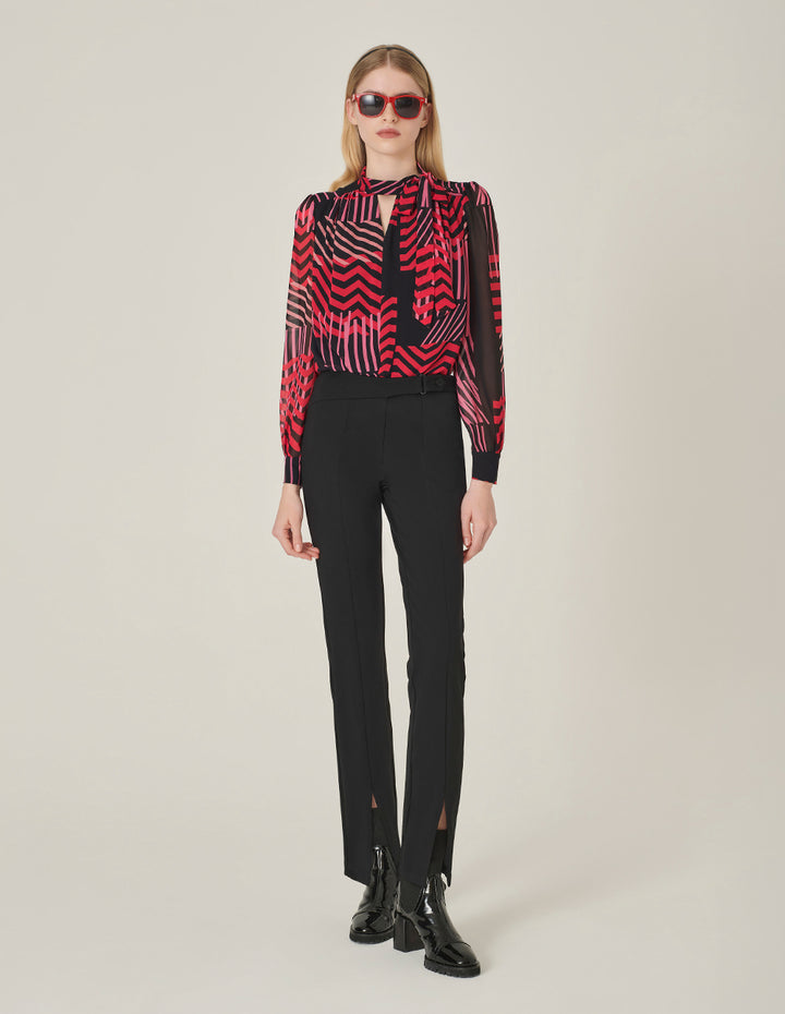 MARYLING Striped Long-Sleeve Tie-Neck Printed Top