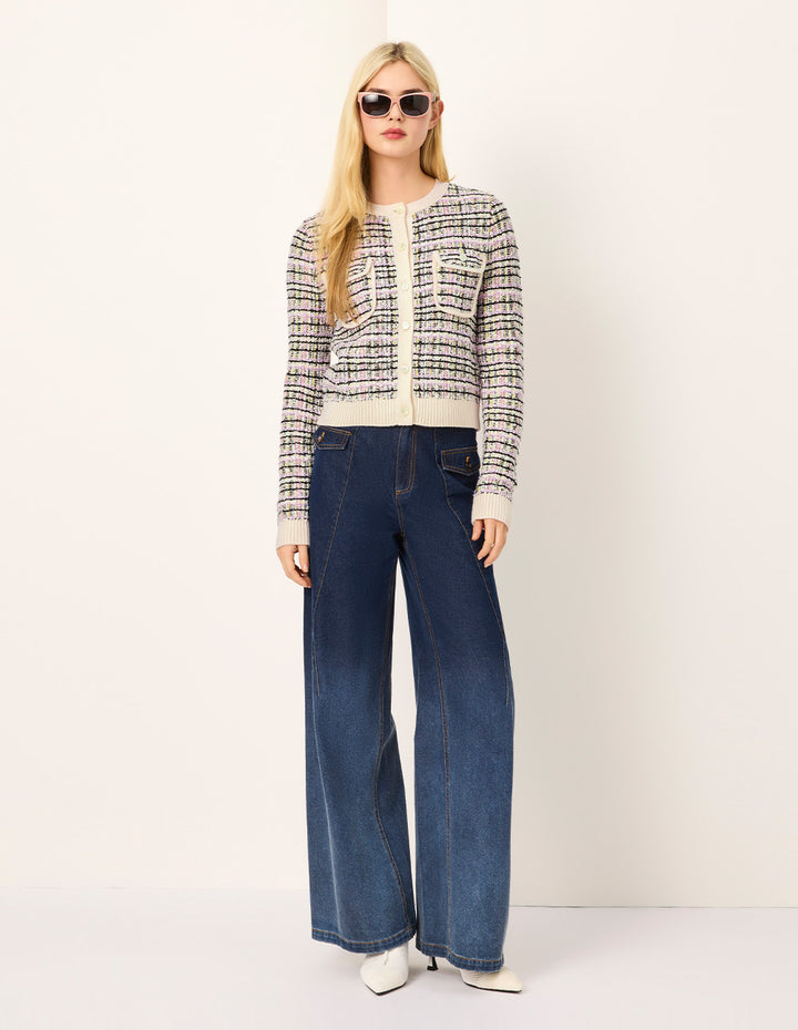 MARYLING Colorful Checkered Round-Neck Long-Sleeve Cropped Knit Cardigan