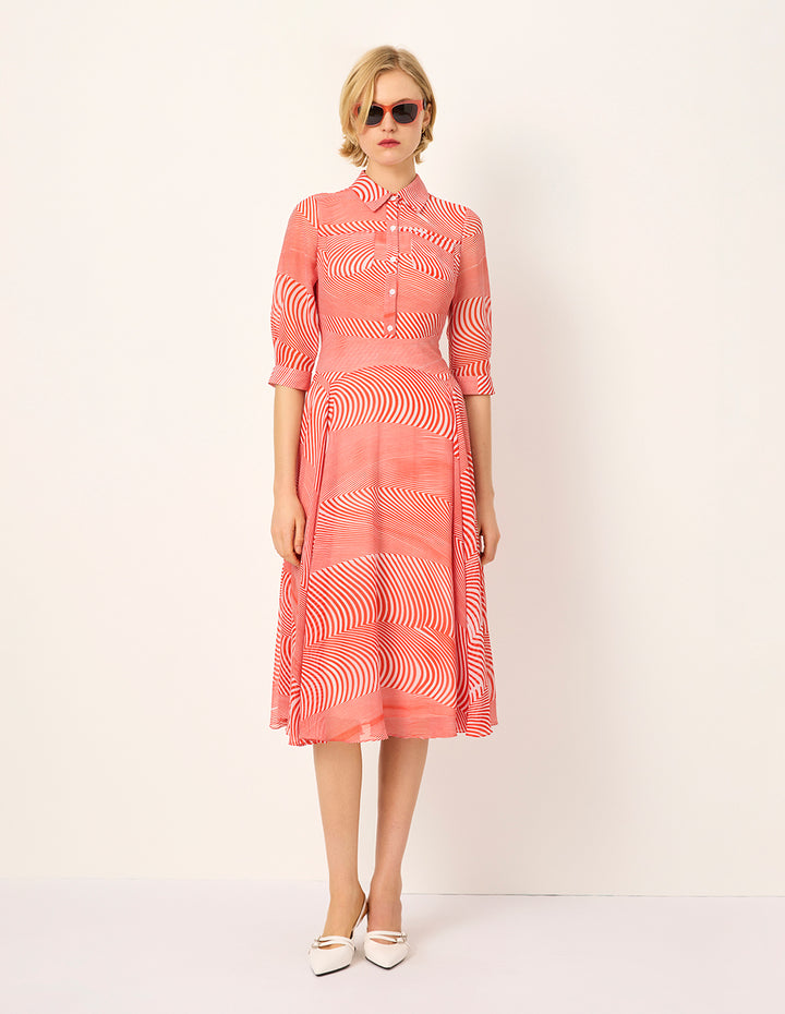 MARYLING Half-Sleeve Striped-Print Pleated Midi Shirt Dress