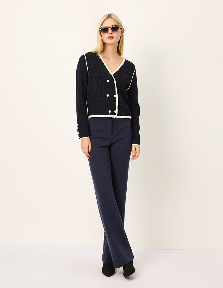 MARYLING V-Neck White Trim Double-Breasted Long-Sleeve Knit Cardigan