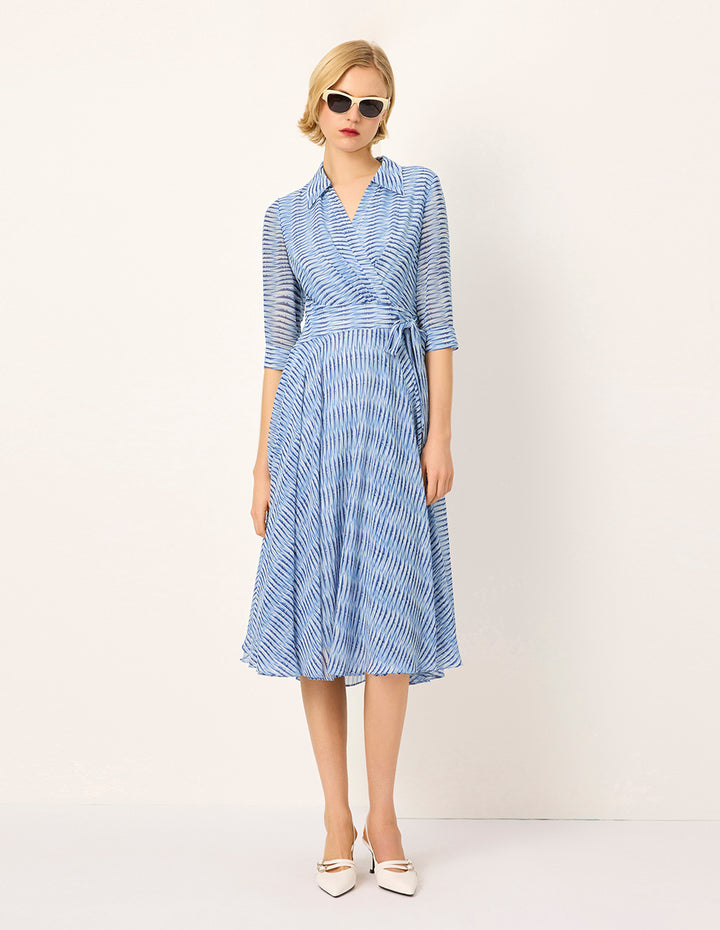 MARYLING Lapel Stripe Print Empire-Waist Pleated Midi Wrap Dress