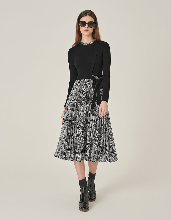 MARYLING Ruffle Collar Long-Sleeve Printed Patchwork Knitted Midi Dress