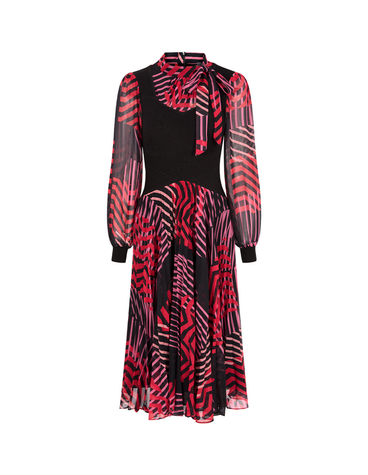 MARYLING Stripe-Printed Long Sleeve Patchwork Knitted Pleated Midi Dress