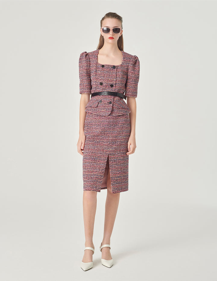 MARYLING Pink Striped Square Collar Tweed Jacket