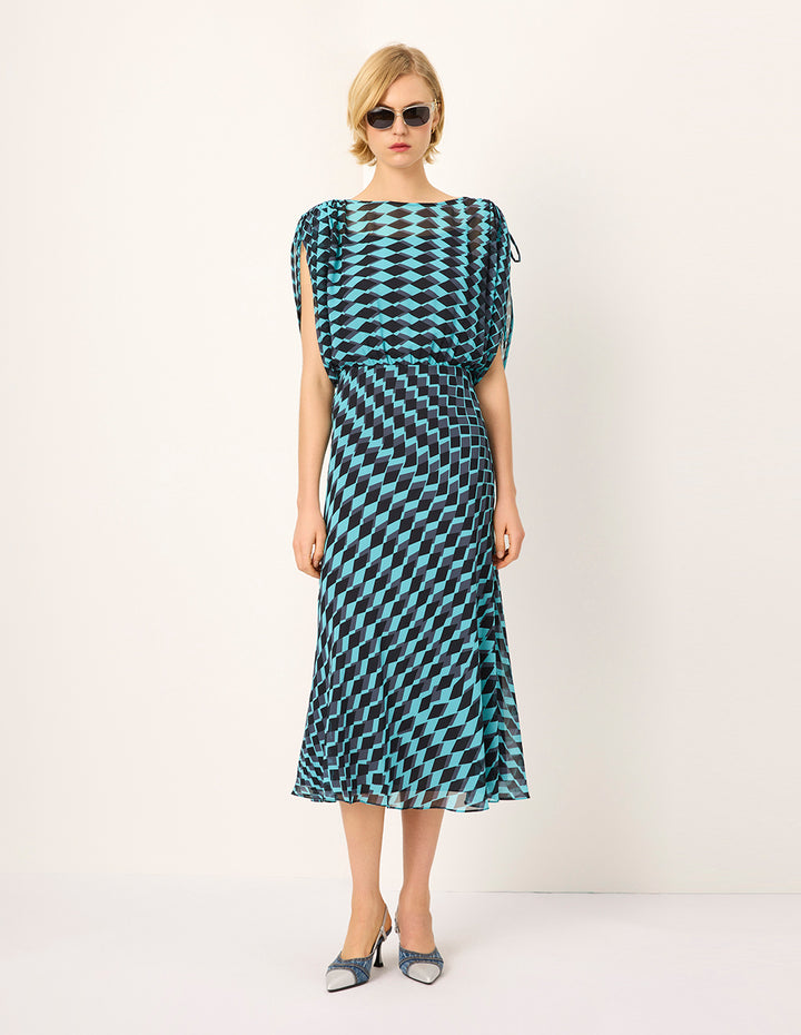 MARYLING Round Neck Short-Sleeve Geometric Print Empire-Waist Midi Dress
