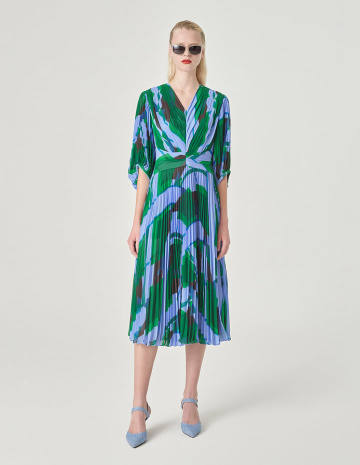 MARYLING V-Neck Mid-Length Sleeve A-Line Printed Dress