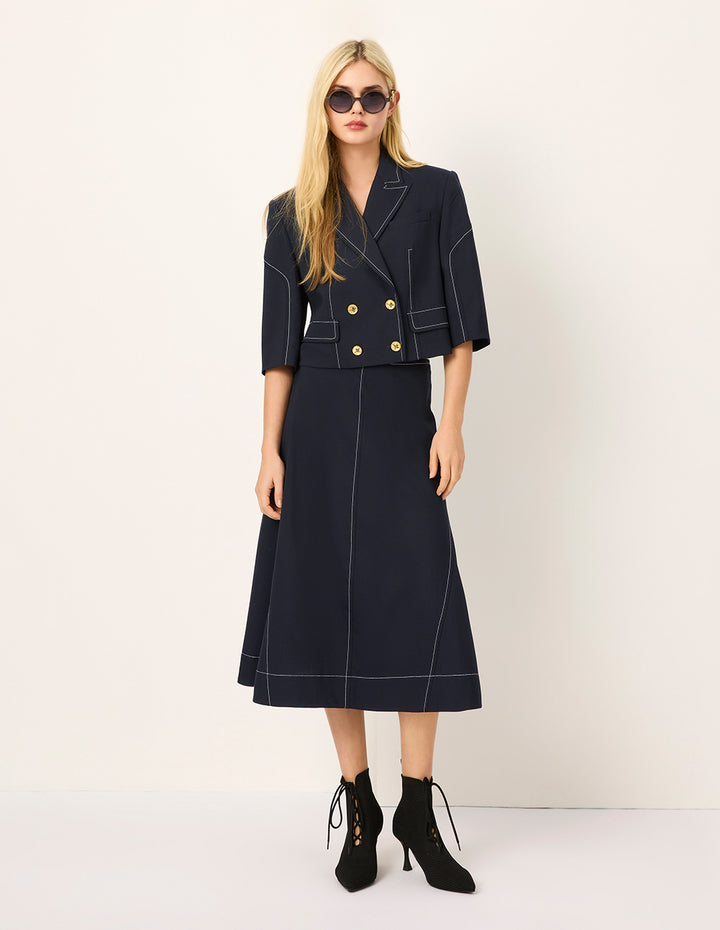 MARYLING Peaked Lapel Double-Breasted White Trim 3/4 Sleeve Jacket