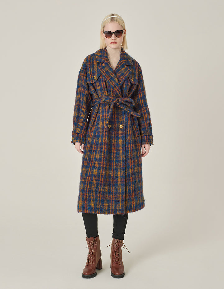 MARYLING Lapel Double-Breasted Red & Blue Plaid H-Shaped Coat
