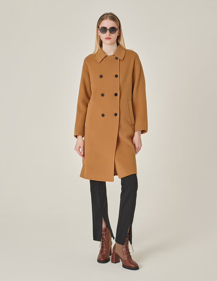 MARYLING Round-Neck Double-Breasted H-Shaped Camel-Colored Cashmere Coat