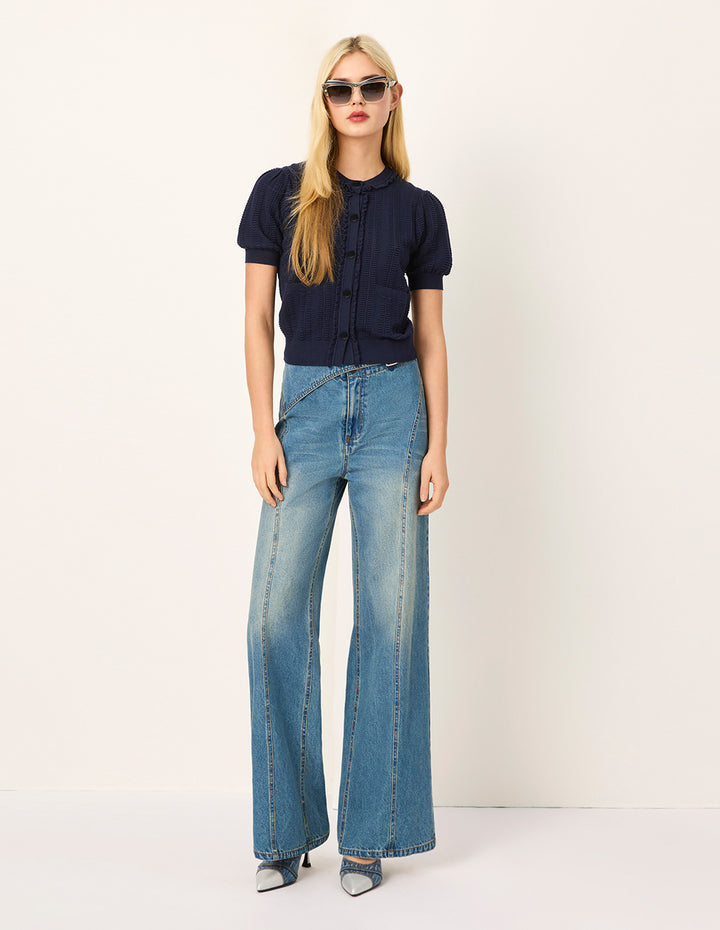 MARYLING Round-Neck Ruffle Short-Sleeve Textured Knit Cardigan