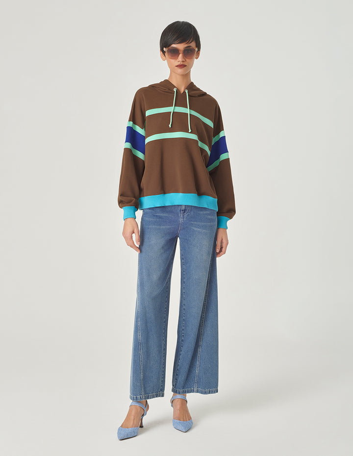 MARYLING Blue And Brown Colour Block Hooded Casual Sweatshirt