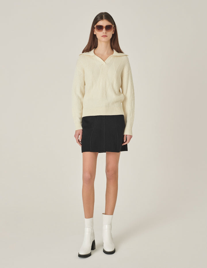 MARYLING Lapel Collar Long-Sleeve Cream-Colored Knitted Pullover