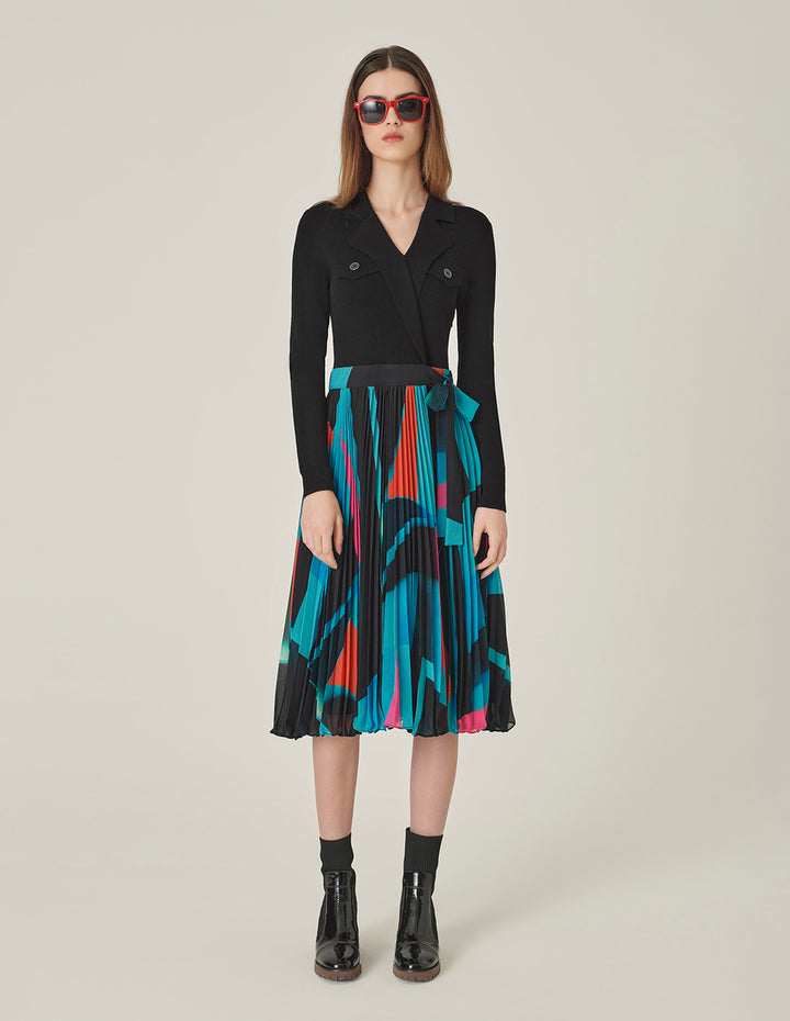 MARYLING Lapel Knitted Patchwork Printed Pleated Midi Dress