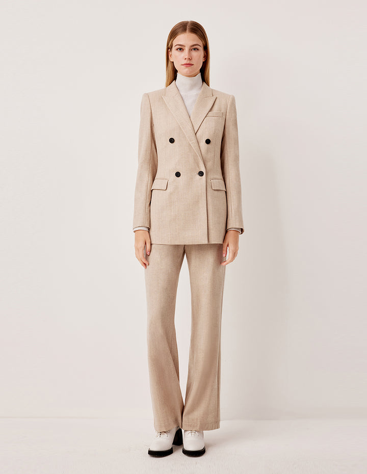 MARYLING Peaked Lapel Double-Breasted Commuter Beige Full Wool Blazer