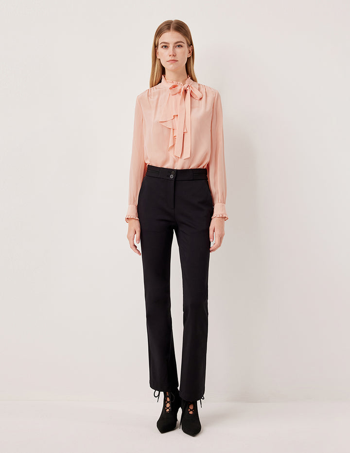 MARYLING Bowknot Ruffled Stand Collar Long Sleeve Mulberry Silk Blouse