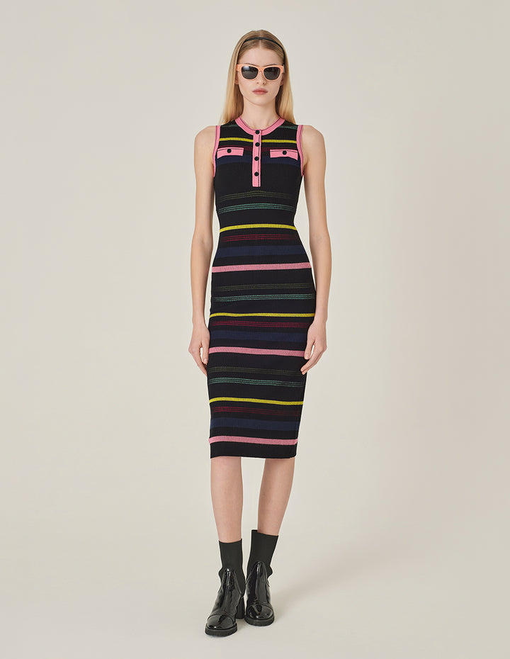MARYLING Round Neck Sleeveless Colorful Striped Knitted Dress