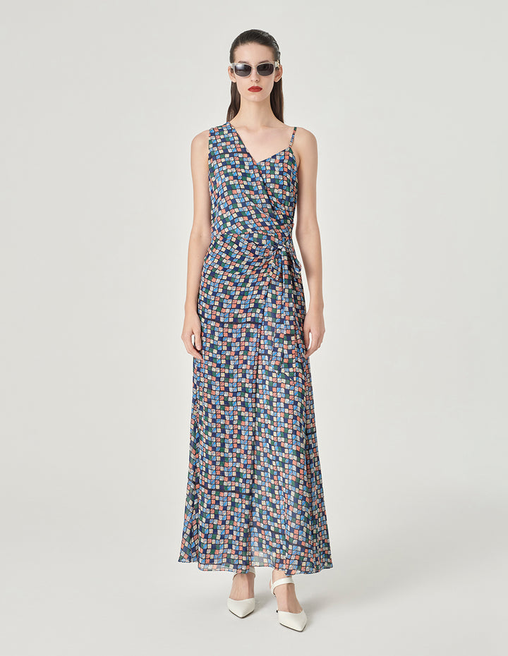 MARYLING Asymmetrical V-Neck Tie-Waist Plaid Print Maxi Dress