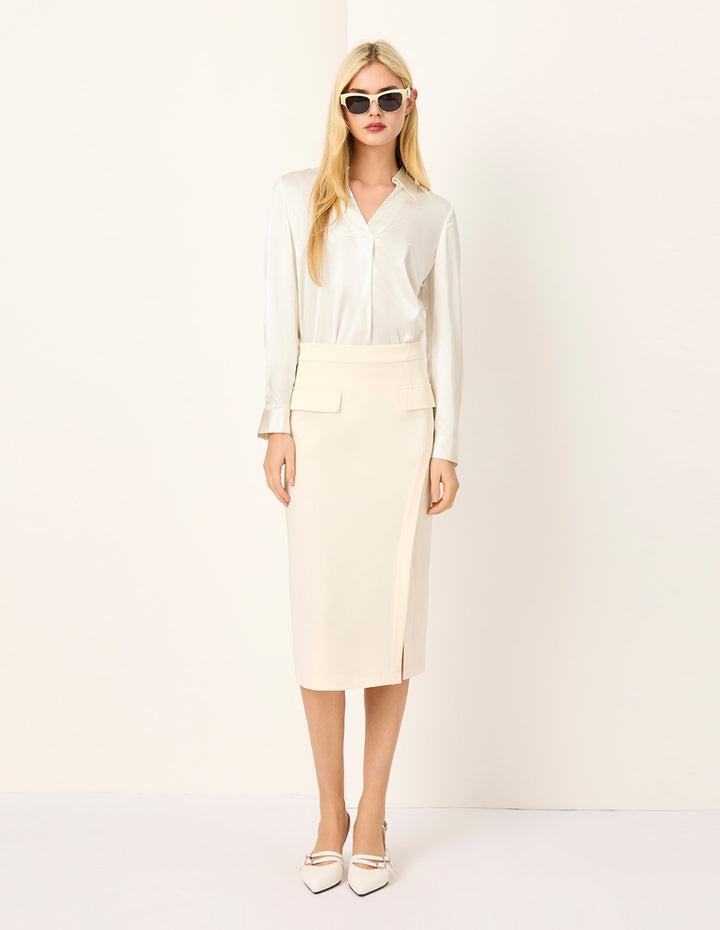 MARYLING Cream V-Neck Silk Long-sleeve Blouse