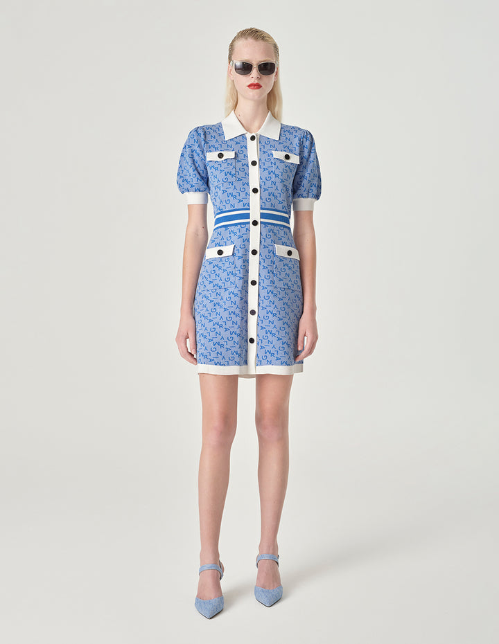 MARYLING Denim Blue T-Shirt Collar Jacquard Knitted Dress