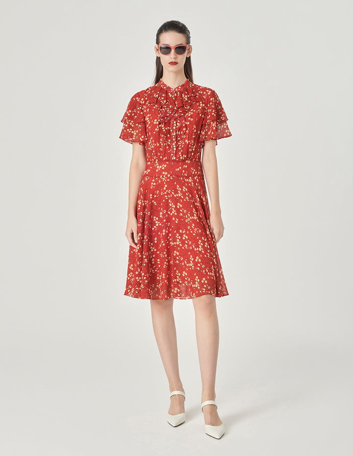 MARYLING Ruffle Bow Neck Short Sleeve Dress