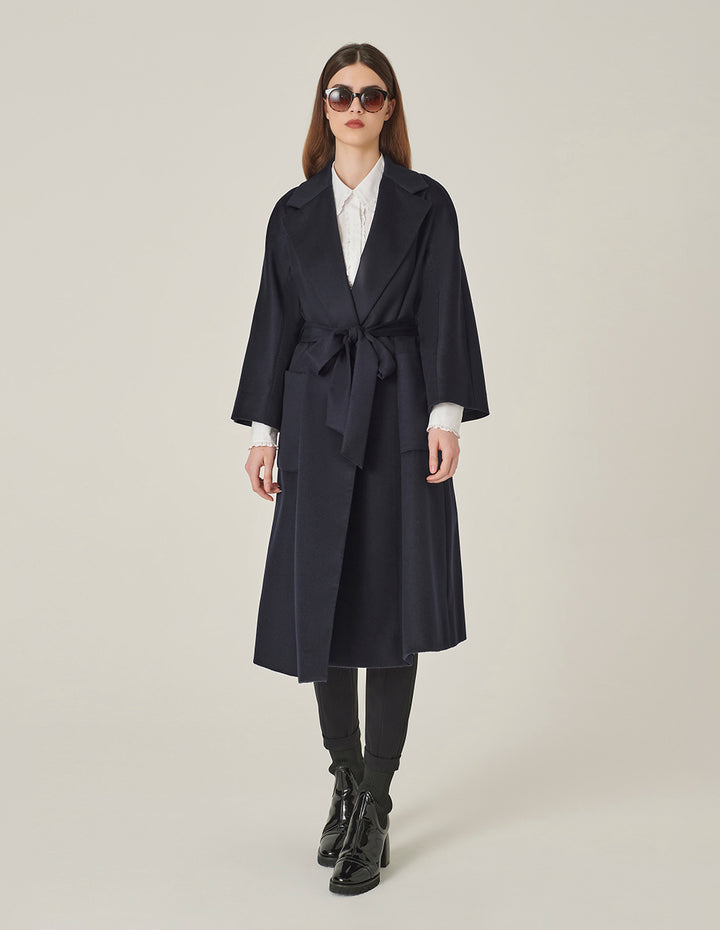 MARYLING Lapel Wrap A-Line Silhouette Silk-Cashmere Coat