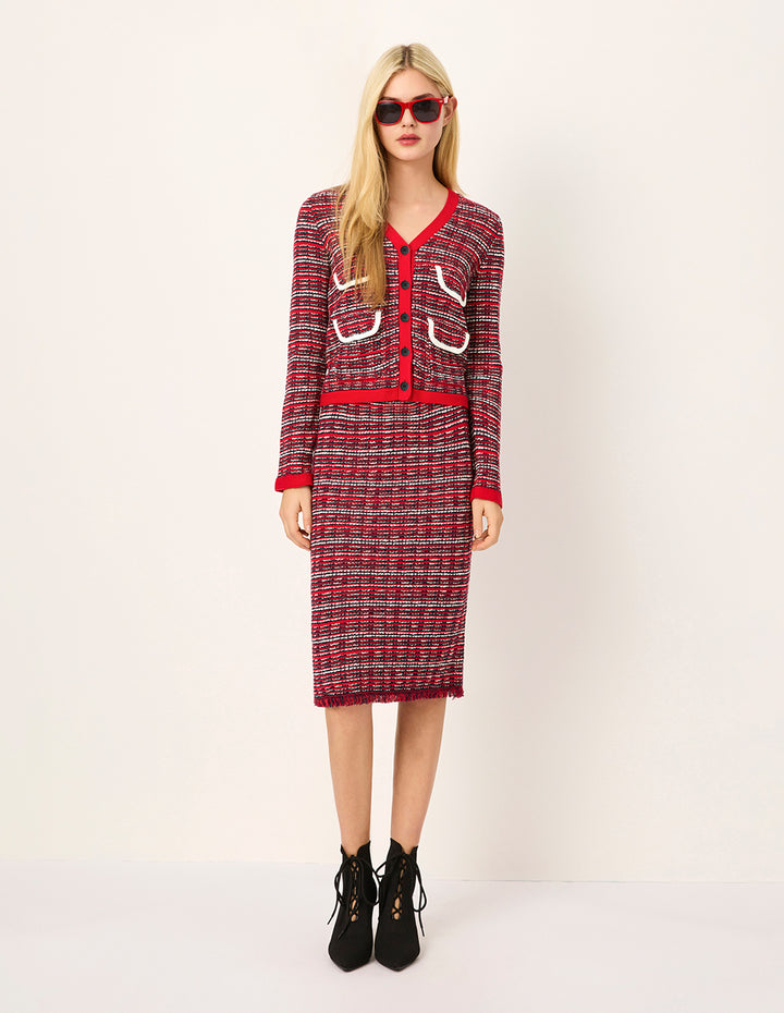 MARYLING V-Neck Red & White Checkered Tweed Multi-Pockets Knit Cardigan