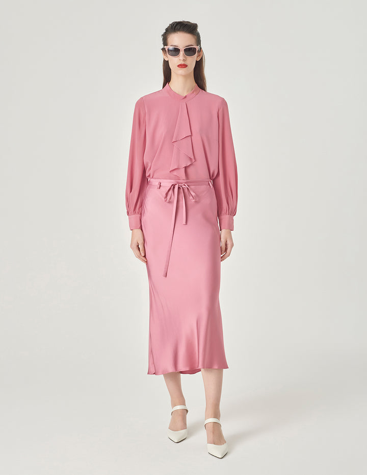 MARYLING Pink Stand Collar Ruffle Top