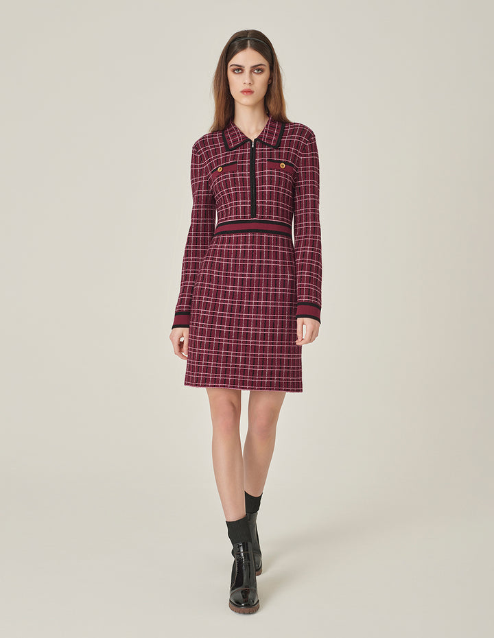 MARYLING Red & Black Plaid Long-Sleeve Imitation Tweed A-Line Knitted Midi Dress