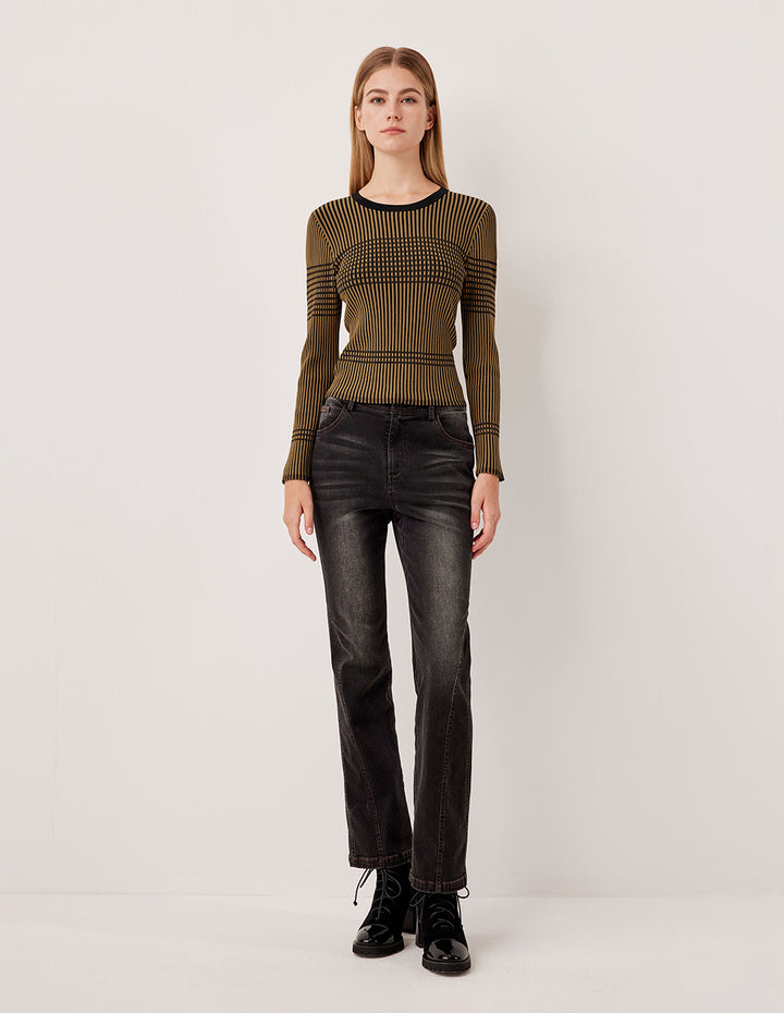 MARYLING Slim Fit Round Neck Black Stripe Long Sleeve Knit Pullover