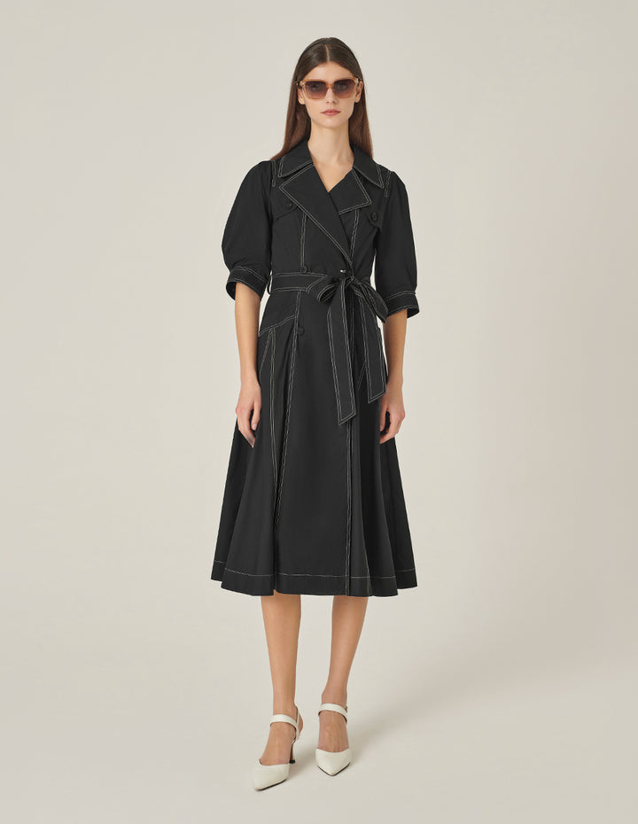 MARYLING Lapel Puff-Sleeve Double-Breasted Wrap Dress