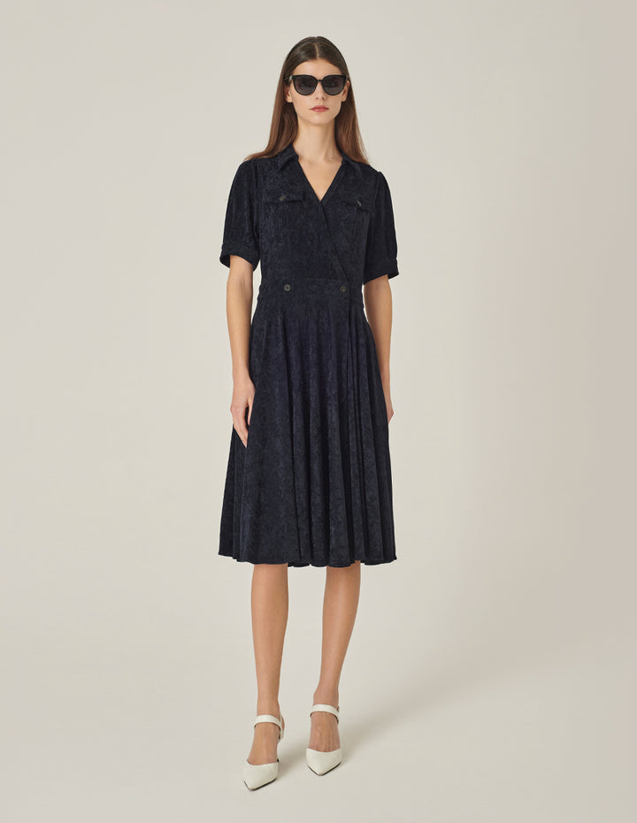 MARYLING V-Neck Short Sleeve Dark Blue Wrap Dress