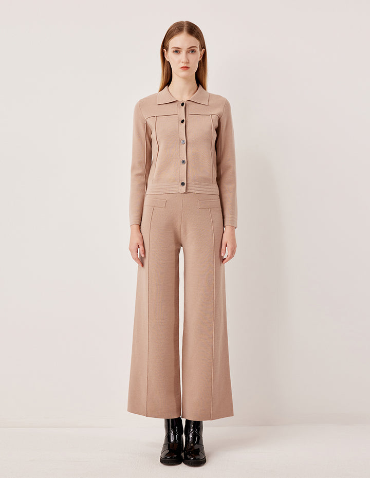 MARYLING Ribbed Waist Merino Wool Knit Wide Leg Pants