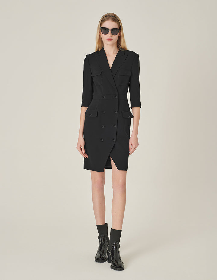 MARYLING Black Lapel Double-Breasted Suit Dress