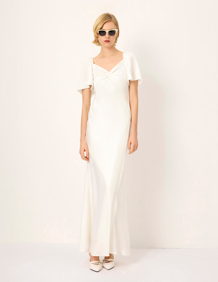 MARYLING V-Neck Flared Short-Sleeves Gathered Backless Satin White Evening Gown Dress