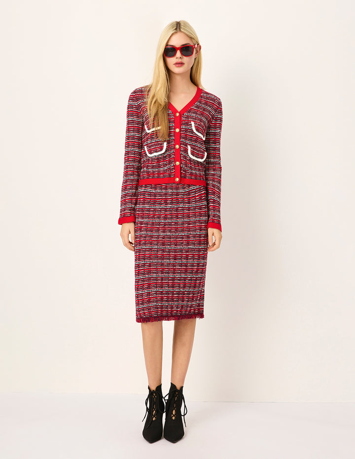 MARYLING Red & White Checkered Tweed Knee-Length Knit Straight Skirt