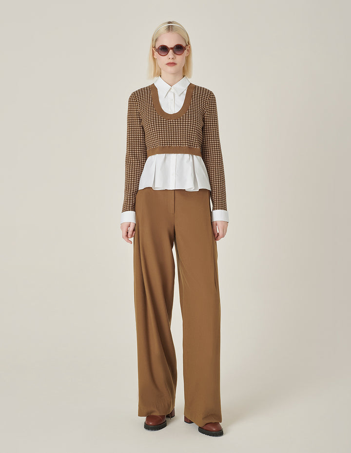 MARYLING Camel Checkered Patchwork Knit Blouse