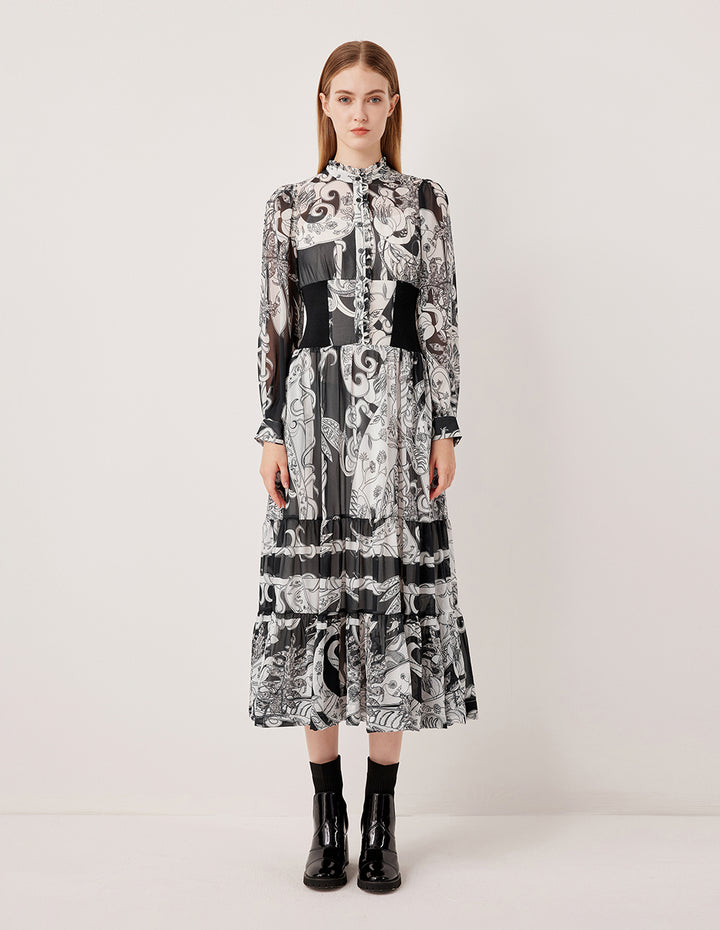 MARYLING Semi-High Neck Ruffle Paisley Print Pleated Midi Dress