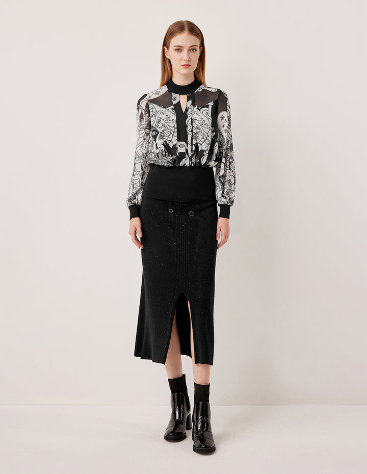 MARYLING Semi-High Neck Long Sleeve Paisley Pattern Top