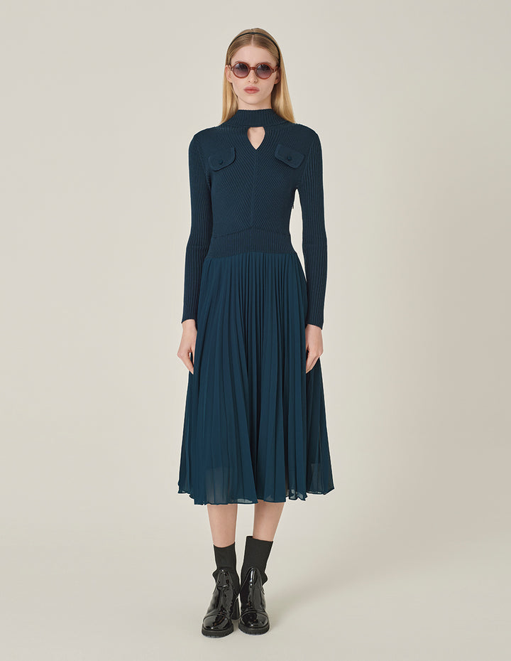 MARYLING High Collar Long Sleeve Knitted Patchwork Pleated Midi Peacock Green Dress