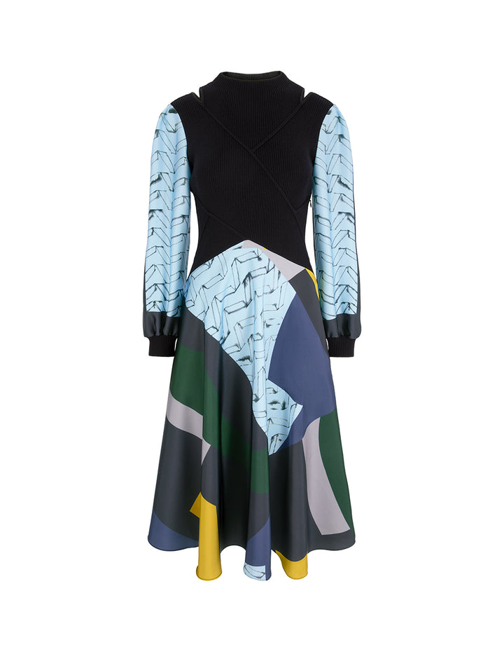 MARYLING High-Neck Shoulder-Cutout Puff-Sleeve Printed Patchwork Knitted Midi Dress